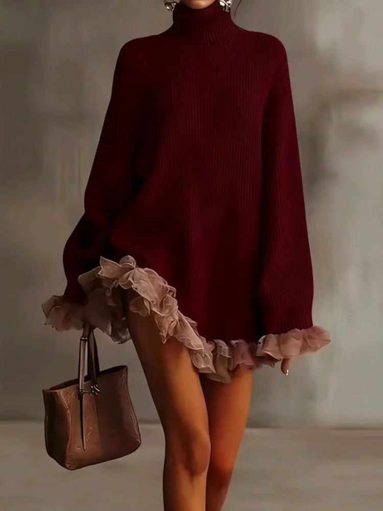 Autumn Winter Turtleneck Simple Sweater Dress, Women Holiday Casual Patchwork Mini Dress, Long Petal Sleeve Sweet Ladies Dress