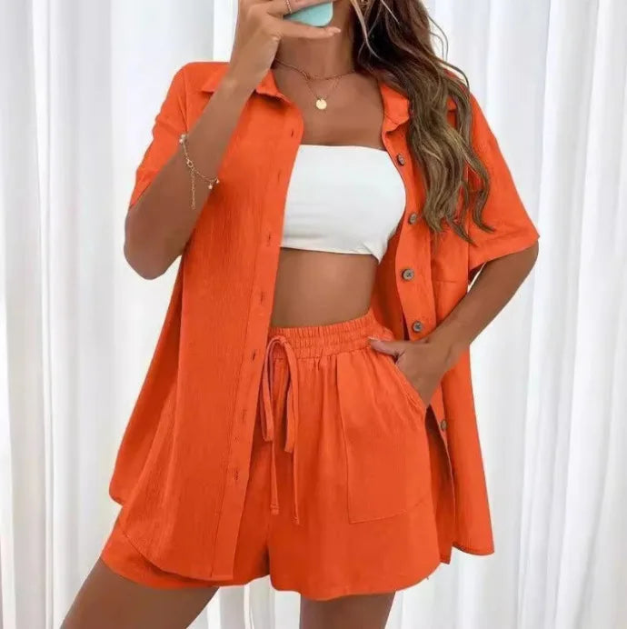 Solid Color Casual Fashion Loose Short Pants Sets For Women Elegant Summer Women's Long Sleeve Single breasted Two Pieces