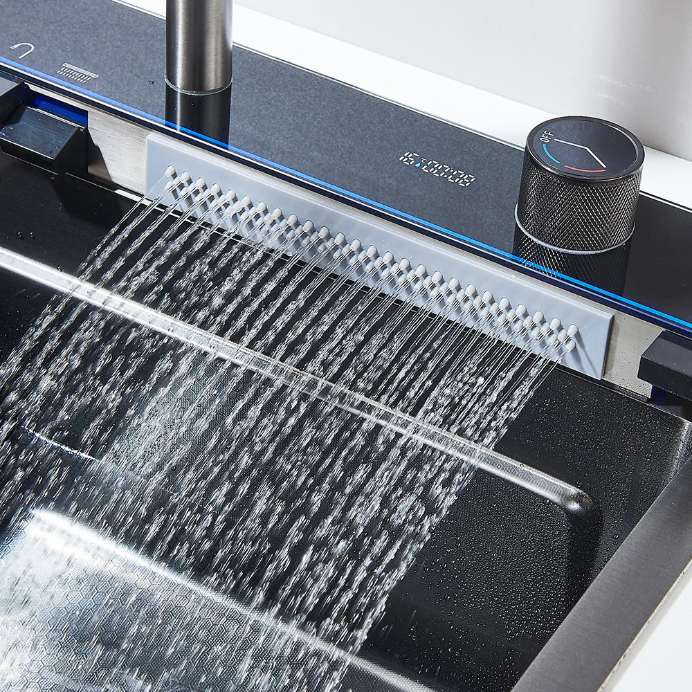 304 Stainless Steel Waterfall Kitchen Sink Large Single Slot Integrated Digital Display Faucet Set Soap Dispenser Cup Washer