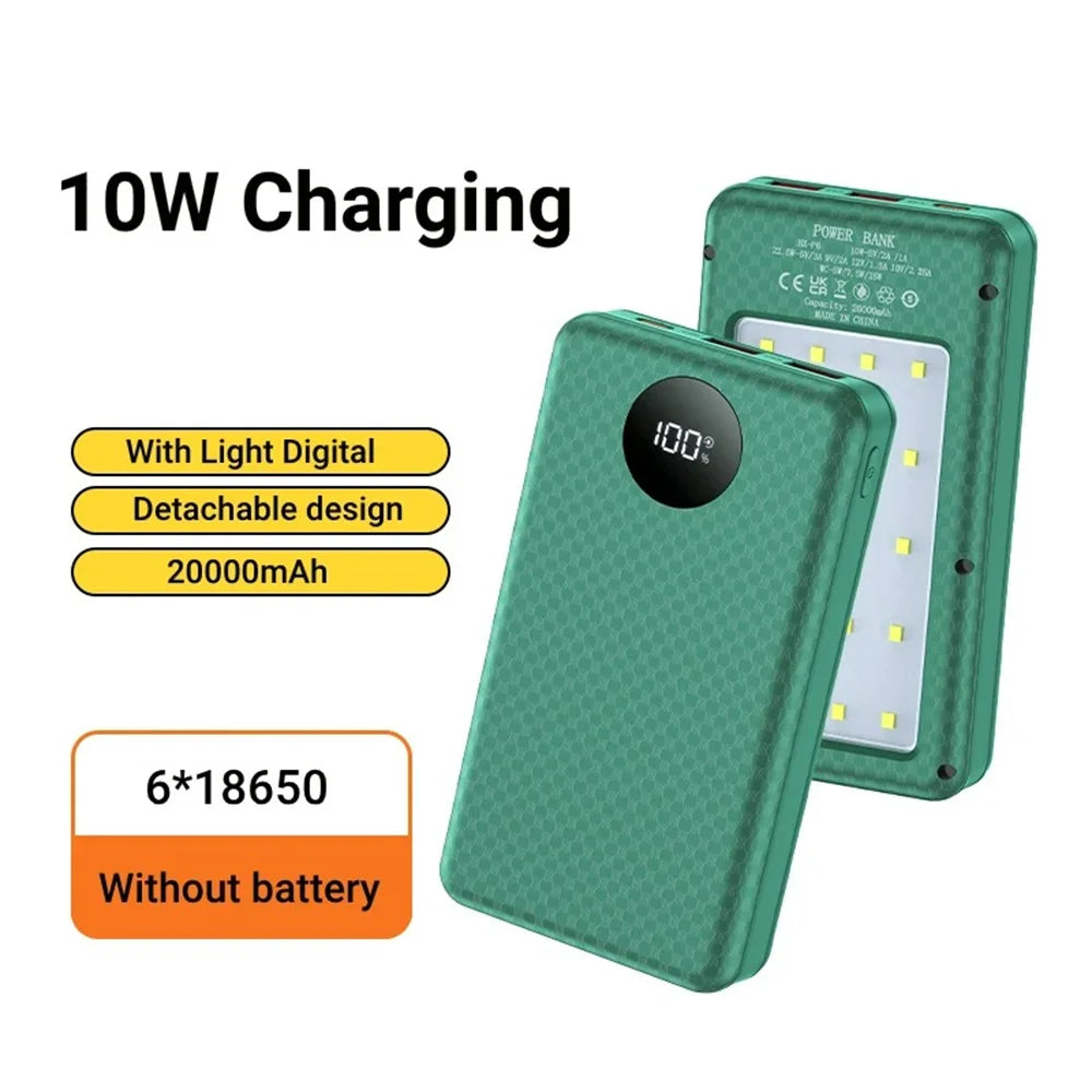 6x18650 Battery Holder 10W Fast Charging Digital Display DIY Mobile Power Case Dual USB Type C Wireless Charging Power Case