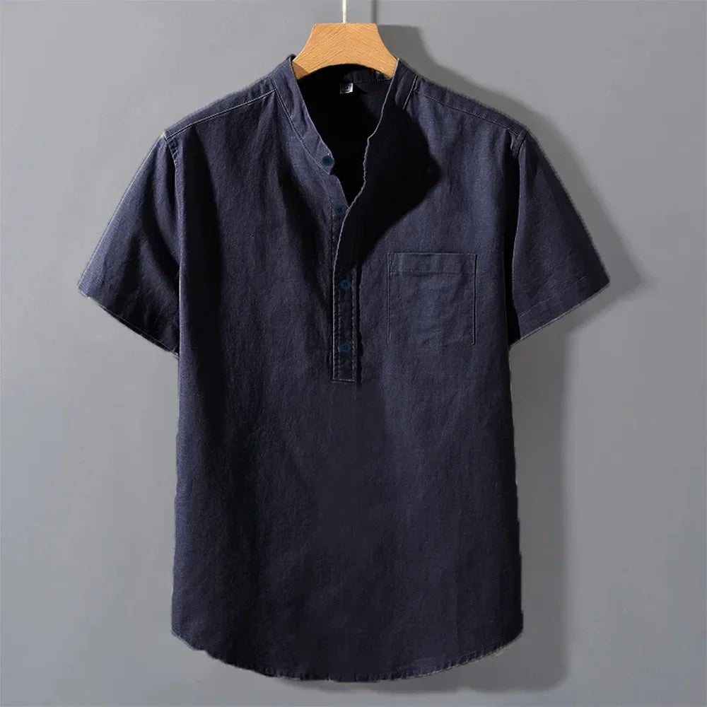 Men's Summer Solid Colour Short Sleeve Shirt Pocket Design Daily Casual Comfortable Breathable Cotton Linen Shirt Top