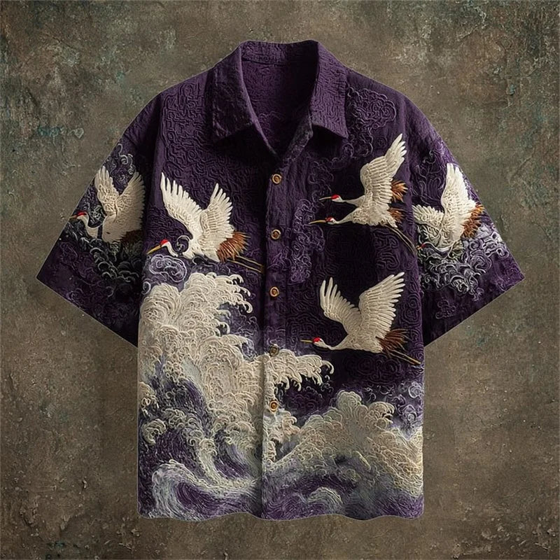 Hawaiian Linen Short Sleeved Shirt Men's Cat Print Short Sleeved Shirt Top with Collar for Casual Vacation Clothing Top