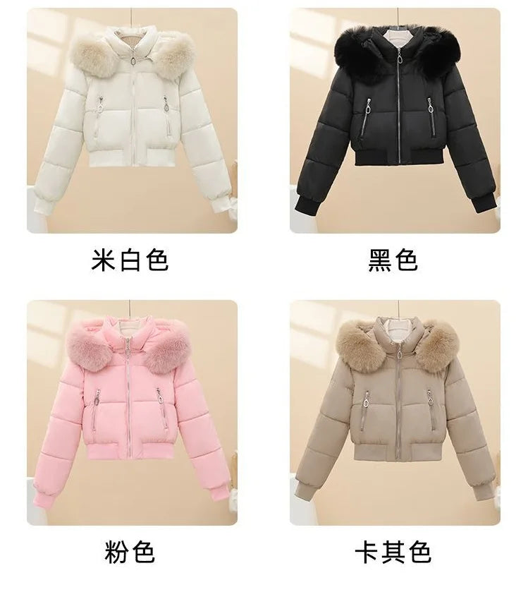 Korean Faux Fur Trim Hooded Puffer Coat Outerwear Women Black Cropped Zip Pocket Rib Hem Loose Short Warm Winter Jacket