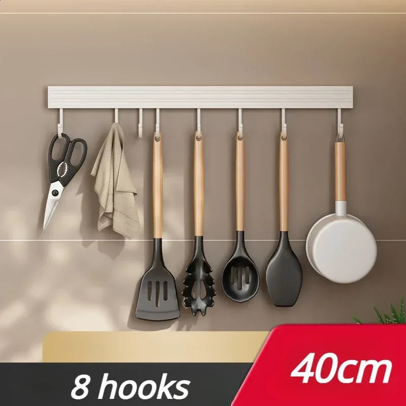 Kitchen Storage Rack Wall Mounted No Punch Shelves Movable Hook Spoon Holder Organizer For Kitchen Utensil Accessories Tool