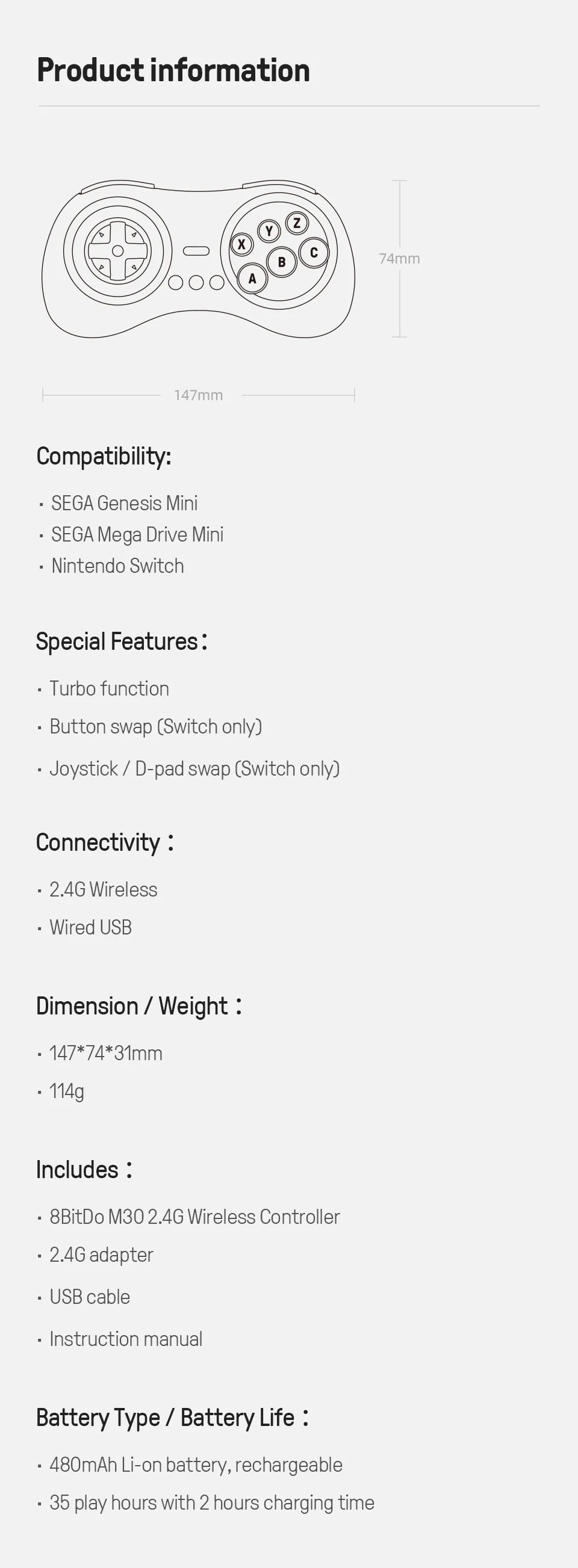 8Bitdo M30 2.4G Mini Gamepad Game Controller for Sega Genesis Mini and Mega Drive Mini Game Console Game Accessories