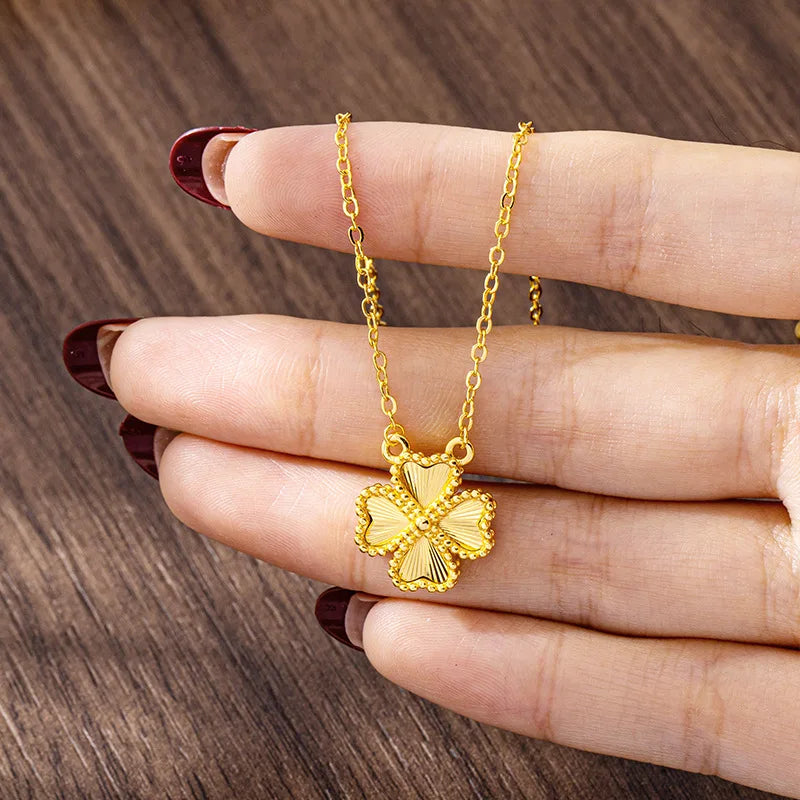 Luxury 24K 9999 Pure Gold real gold Women's Simple Style Lucky Grass Bracelet Flower Necklace Earrings Set