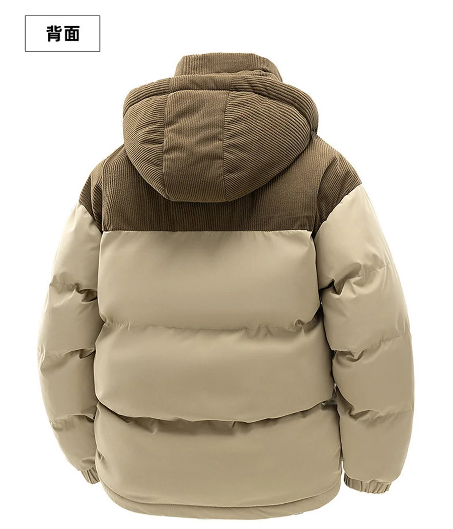 2027 New Patchwork Men Jackets Cotton Padded Corduroy Winter Warm Coat Men's Hooded Windproof Thick Outerwear Mens Clothes