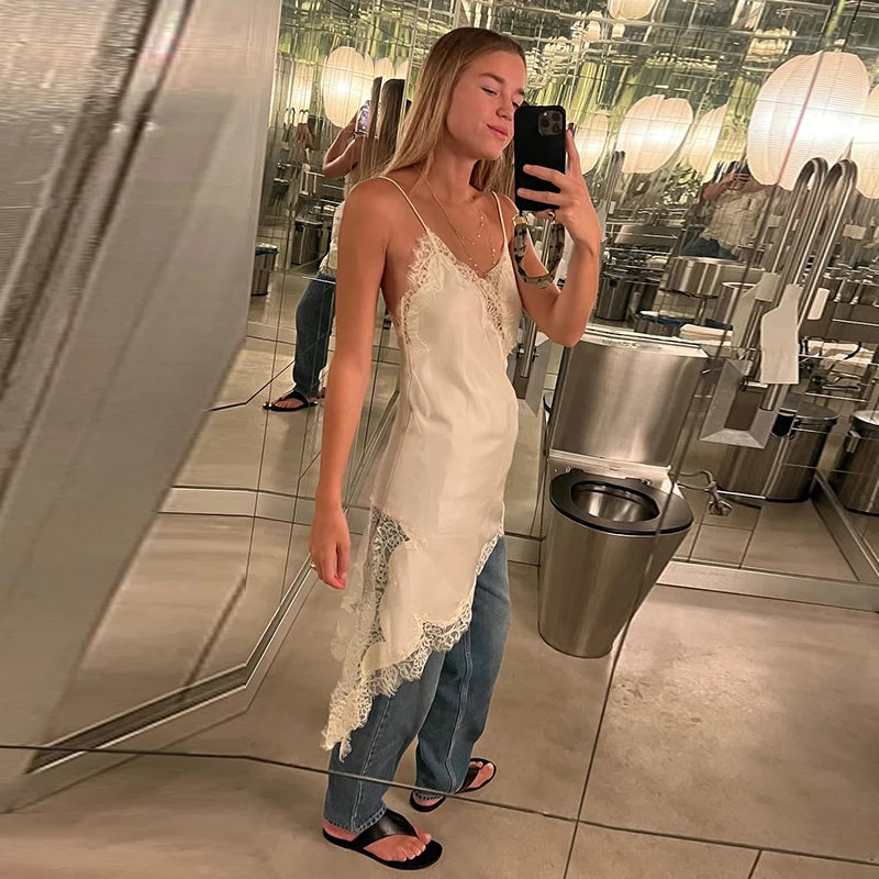 Sexy V-neck Sling Dress Women Fashion Sleeveless Lace Patchwork Irregular Mini Dresses 2025 Lady Summer Chic Casual Holiday Robe