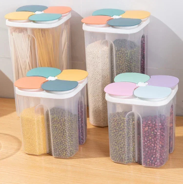 4 Grids Cereals Sealed Jar Kitchen Cereals Storage Box Plastic Food Container Moisture-proof Grain Tank Spaghetti Keep Fresh Box