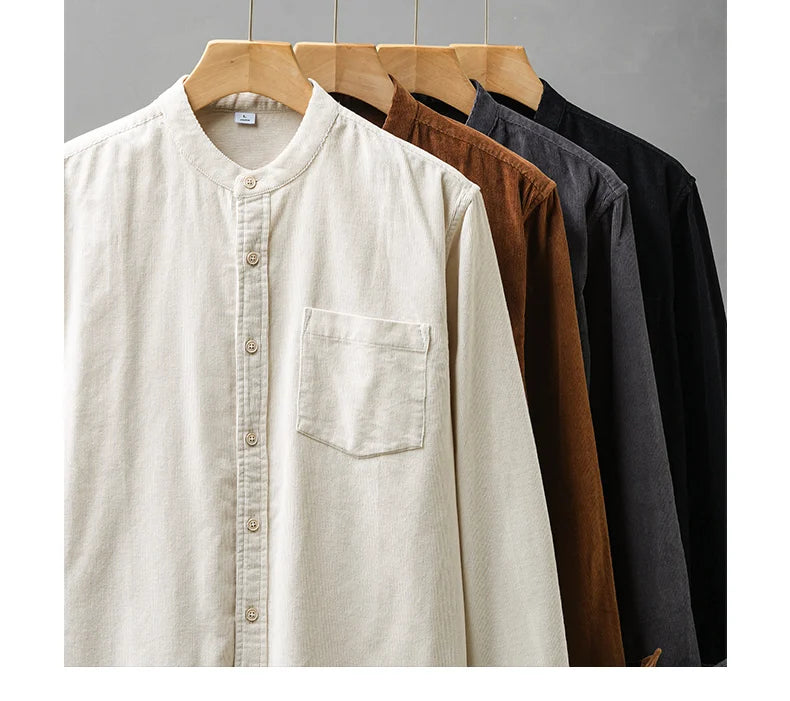 DUKEEN Corduroy Stand Collar Long Sleeve Shirt for Men 100% Cotton Spring and Autumn Casual Men's Clothing