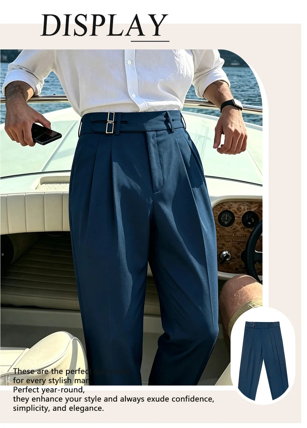 Men’s Solid Color Button Detail Naples Pleated High Waist Wide Leg Suit Pants, New Spring Autumn Elegant Light Business Trousers