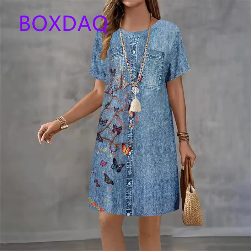 Fashion Trend 3D Imitation Denim Pattern Women's Dress New Summer Street Denim Flower Print Short Sleeve Loose Casual Mini Dress
