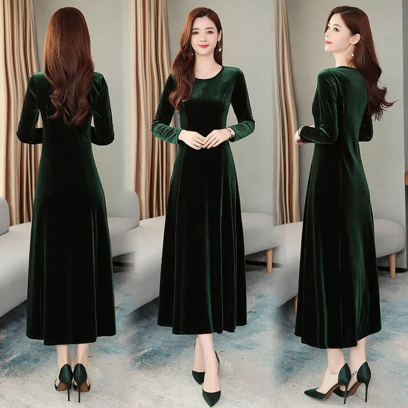 Elegant Long Velvet Dress Women's Autumn Winter New Style Knee-Length A-Line Skirt Polyester Fabric Regular Sleeve round Neck