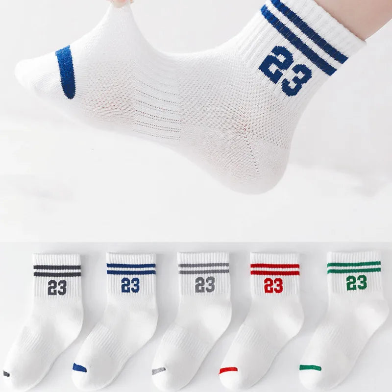 5Pairs Kids Mesh Socks Spring Summer Mid Tube Sock 1-8Y Boy Girl Thin Breathable Children Sport Sock Stripe Number Baby Footwear