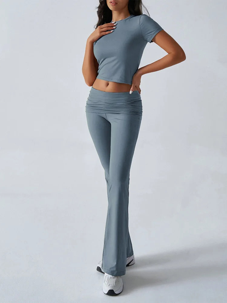 Women's Sexy Tops Suits 2026 Summer Latest Casual Solid Color Yoga Suit Slim Fit Sports Short Sleeved Pants Two-Piece Set Outfit