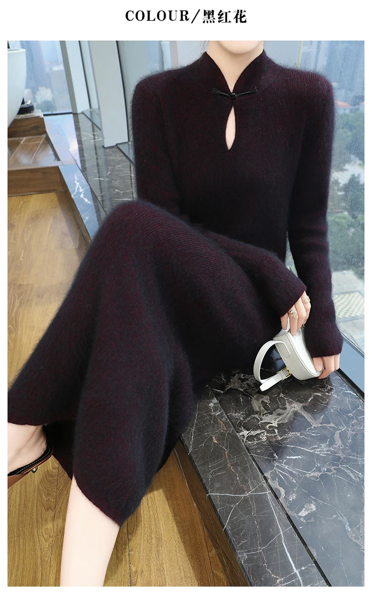 Women' 100%Pure Mink Cashmere Dress Stand-Up Collar Buckle Slim Knit Long Skirt Fashion High Waist Over The Knee Bottoming Dress