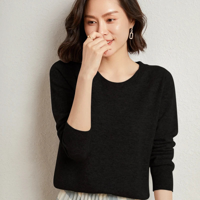 100%Merino Pure Wool Pullover Sweater For AutumnWinter Women's Round Neck Warm High-Quality Solid Color Basic Knitted Jumper Top