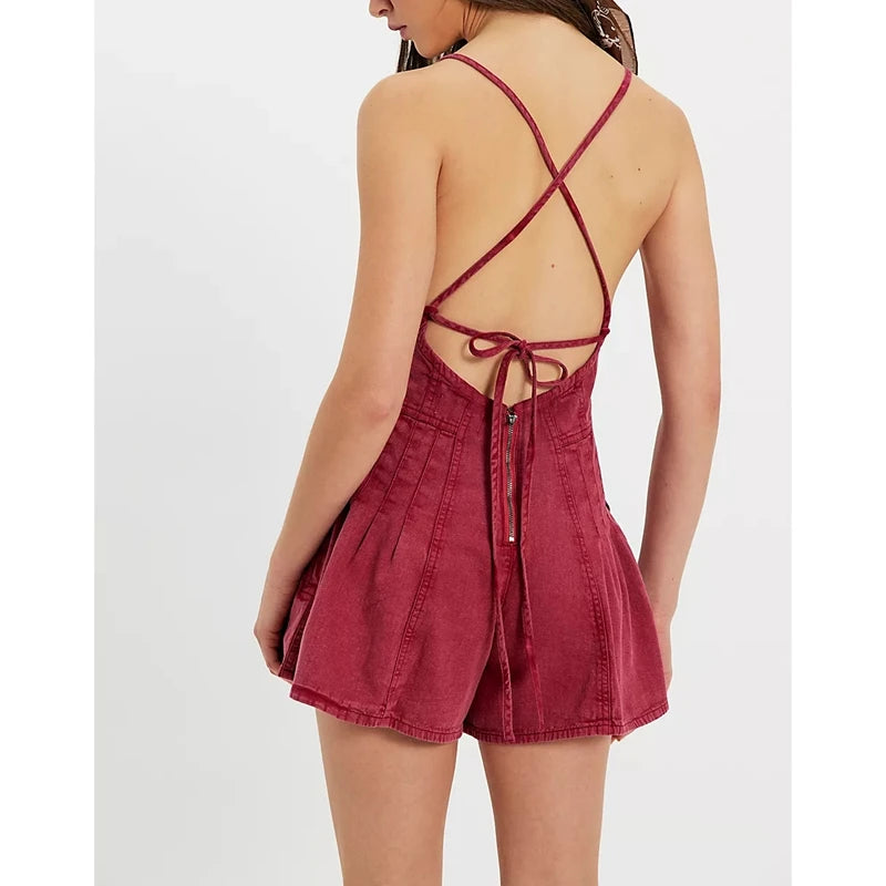 Women's Summer Y2K Retro V-Neck Denim Shorts Jumpsuits Cross Bow Tied Zip-up Backless Loose Wide Leg Flare Playsuit Cute Rompers