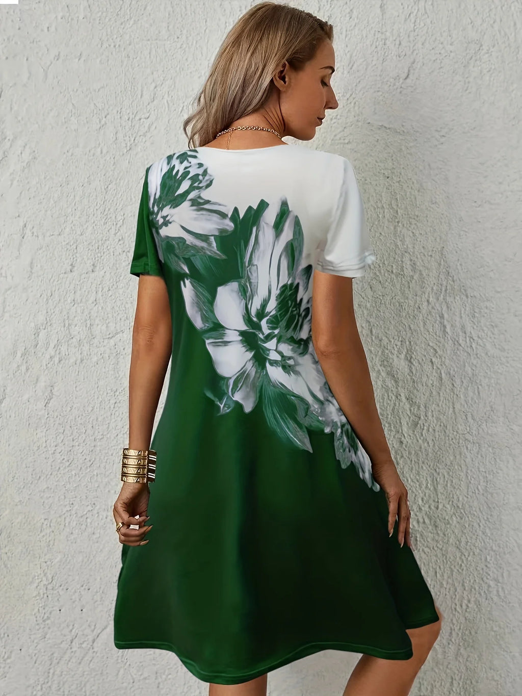 Women Floral Print Dress Wavy V Neck Short Sleeve Casual Summer Party Dresses Ladies Loose Tunic Dress