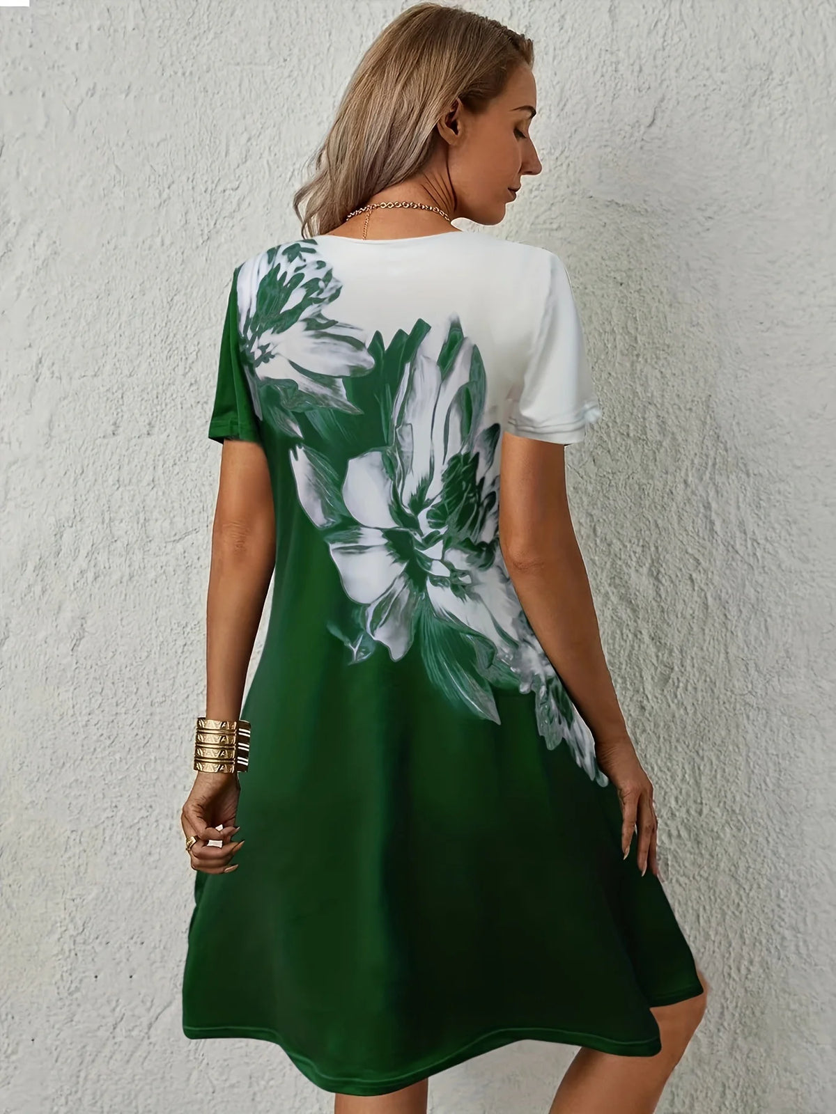 Women Floral Print Dress Wavy V Neck Short Sleeve Casual Summer Party Dresses Ladies Loose Tunic Dress