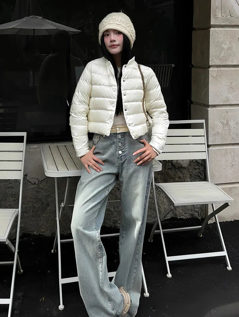 Lightweight Down Cotton Jacket Women Autumn Winter Fashion Stand Collar Warm Short Parkas Vintage Versatile Cotton-Padded Coat