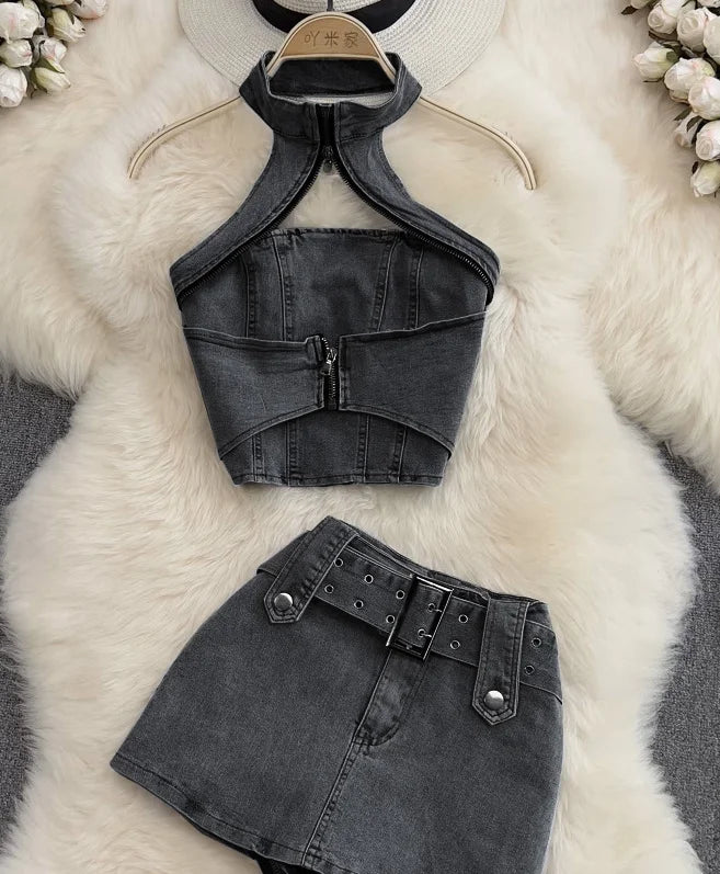 Sexy Women Summer Denim Jeans Halter Tops Mini Skirt Outfits Suits Backless Sashes Chic Style Bodycon High Waist Vestidos