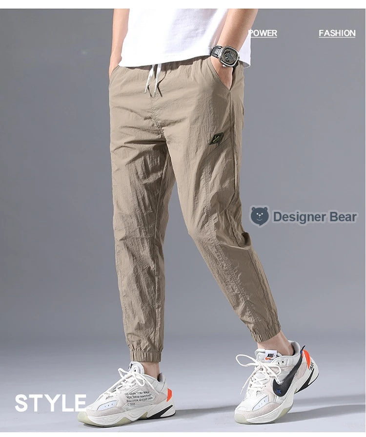 2026 Summer Thin Men's Wrinkled Fabric Loose Tapered Harem Pants Quick-Dry Elastic Cuff Casual Trousers Elastic Waist City Boy