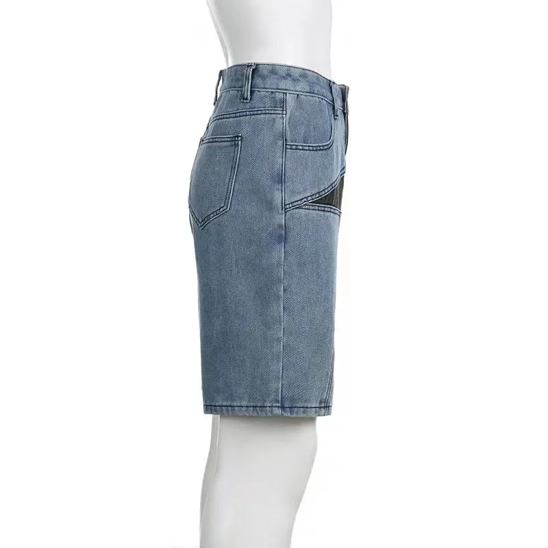 Women's Denim Pant Street Trend Loose Collision Colour Pentagram Appliqué Denim Middle Trousers High Waisted Jeans Pants