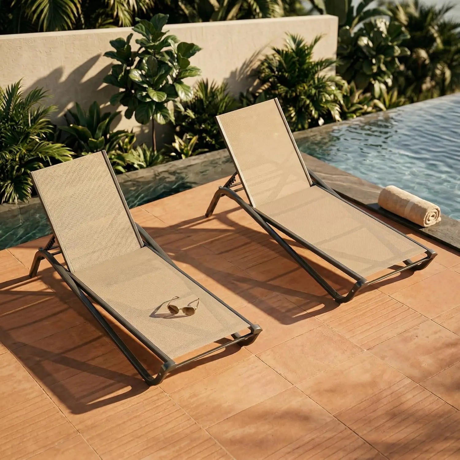 Adjustable Patio Chaise Lounge Outdoor Textilene Sun Bed for Pool Deck Rust-Proof Aluminum Frame, Custom