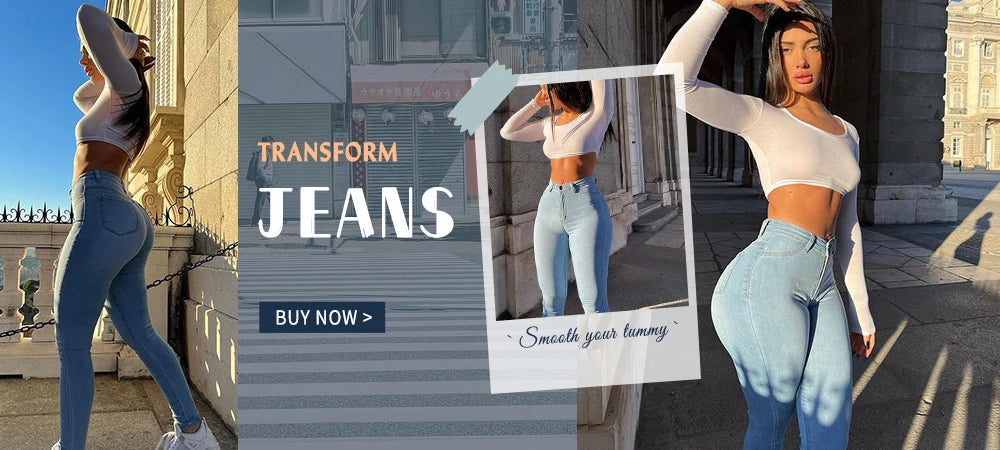 Fashion Two-Tone Color Slimming Jeans Women High Waist Stretch Skinny Fit Denim Pants Comfort Tummy Control Pencil Jeans