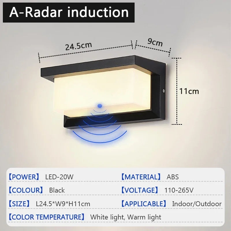 LED Outdoor Waterproof Wall Light 15W Radar Sensing Indoor Bedroom Living Room Outdoor Porch Wall Light Garden Decorative Light