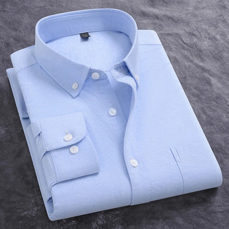 Newly Design Shirts For Men Spring Fall Long Sleeve Solid Color Oxford 100% Cotton Smart Casual Business Stripe Plaid White 5XL