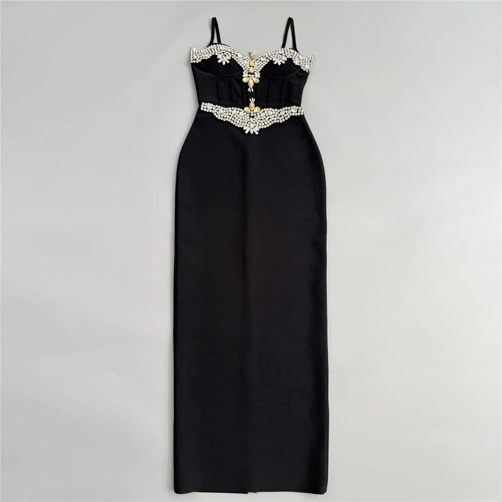 2025 Summer New Women Bandage Dress Sexy Spaghetti Strap Beading Clothes Club Party Maxi Dresses