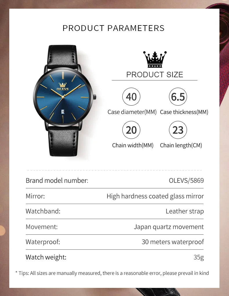 OLEVS 5869 Ultra Thin 6.5mm Quartz Watch for Men Fashion Leather Strap Simple Luxury Auto Date Clock Men's Wristwatch Waterproof