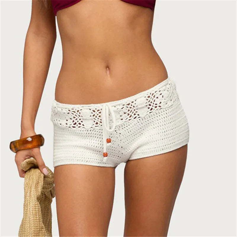 Boho Crochet Knit Shorts Women Hollow Out Asymmetrical Drawstring Waist Beach Hot Pants Festival Rave Outfit Summer Streetwear