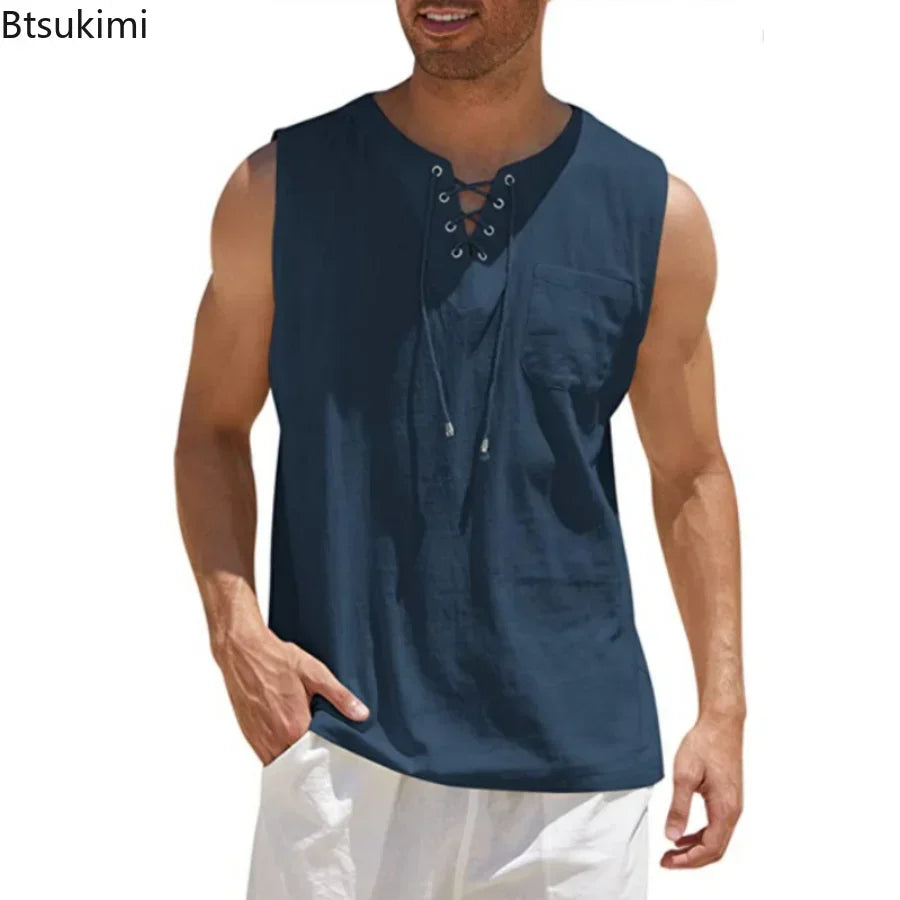 New 2026 Men's Casual Cotton Linen Tank Tops Men Drawstring V Neck Sleeveless Shirts Summer Casual Shirt Gym Fitness Vest Tops