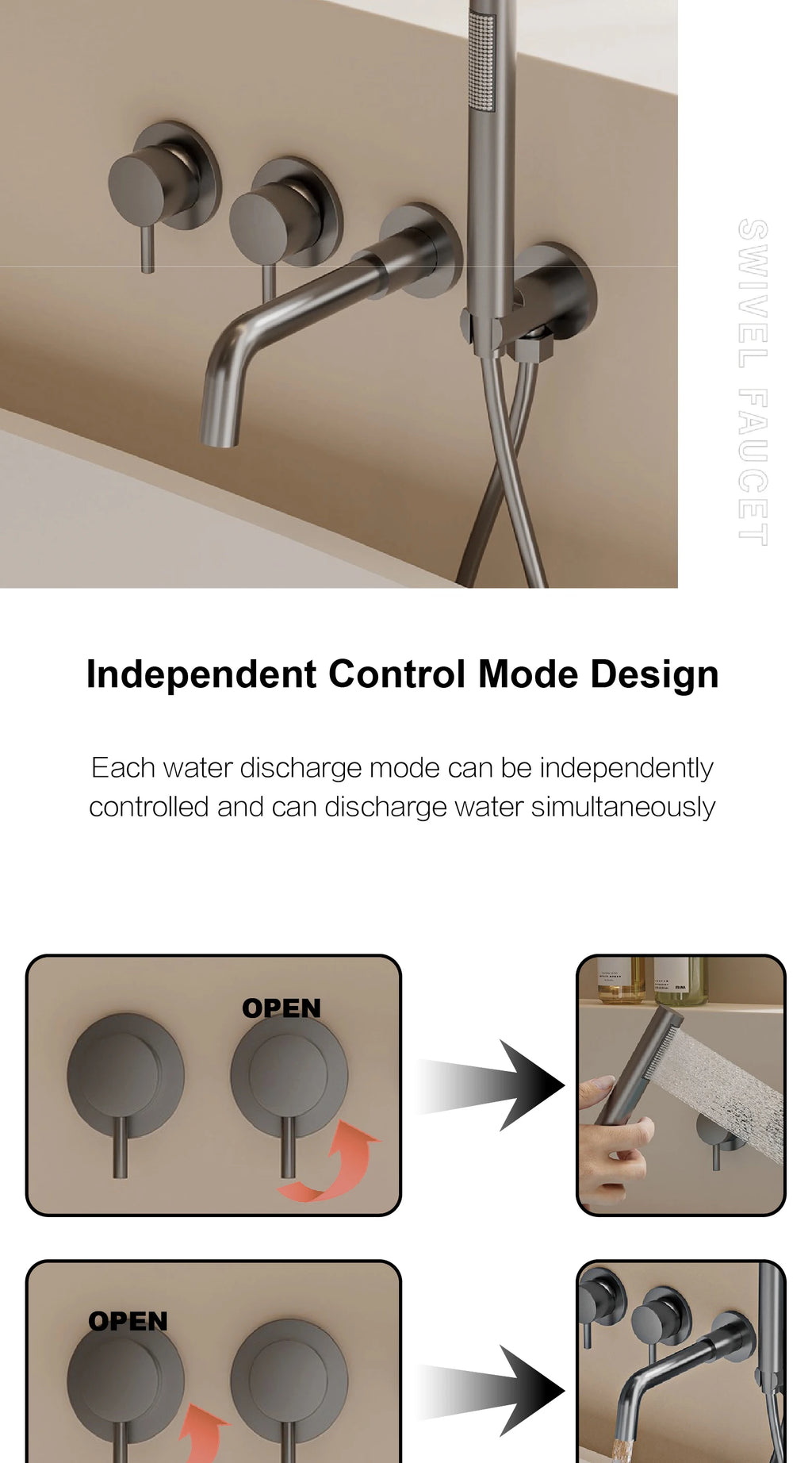 Bathroom Minimalist Gun Gray Brass Wall Mounted Bathtub Faucet with Dual Handles for Hot & Cold Water Dual Function Shower Mixer