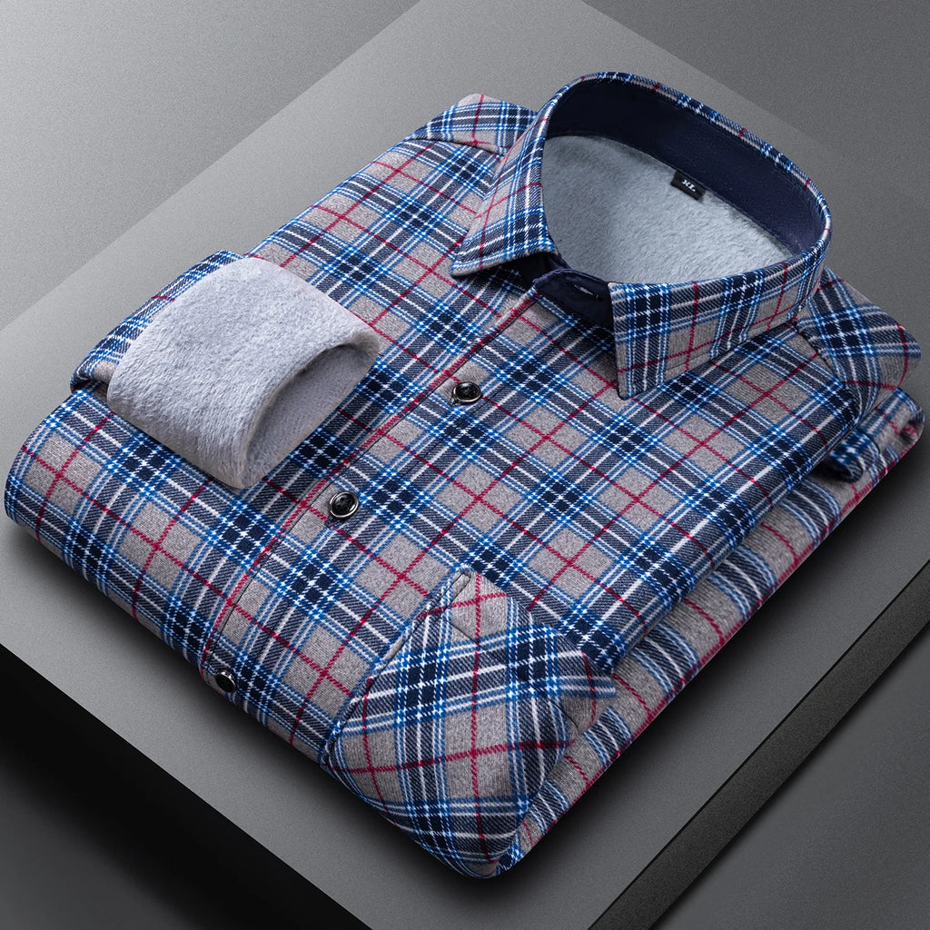 New In Tops Men's Thicken Flannel Fur Lined Shirts Autumn Winter Plus Sized Warm Long Sleeved Plaid Business Casual Slim Clothes