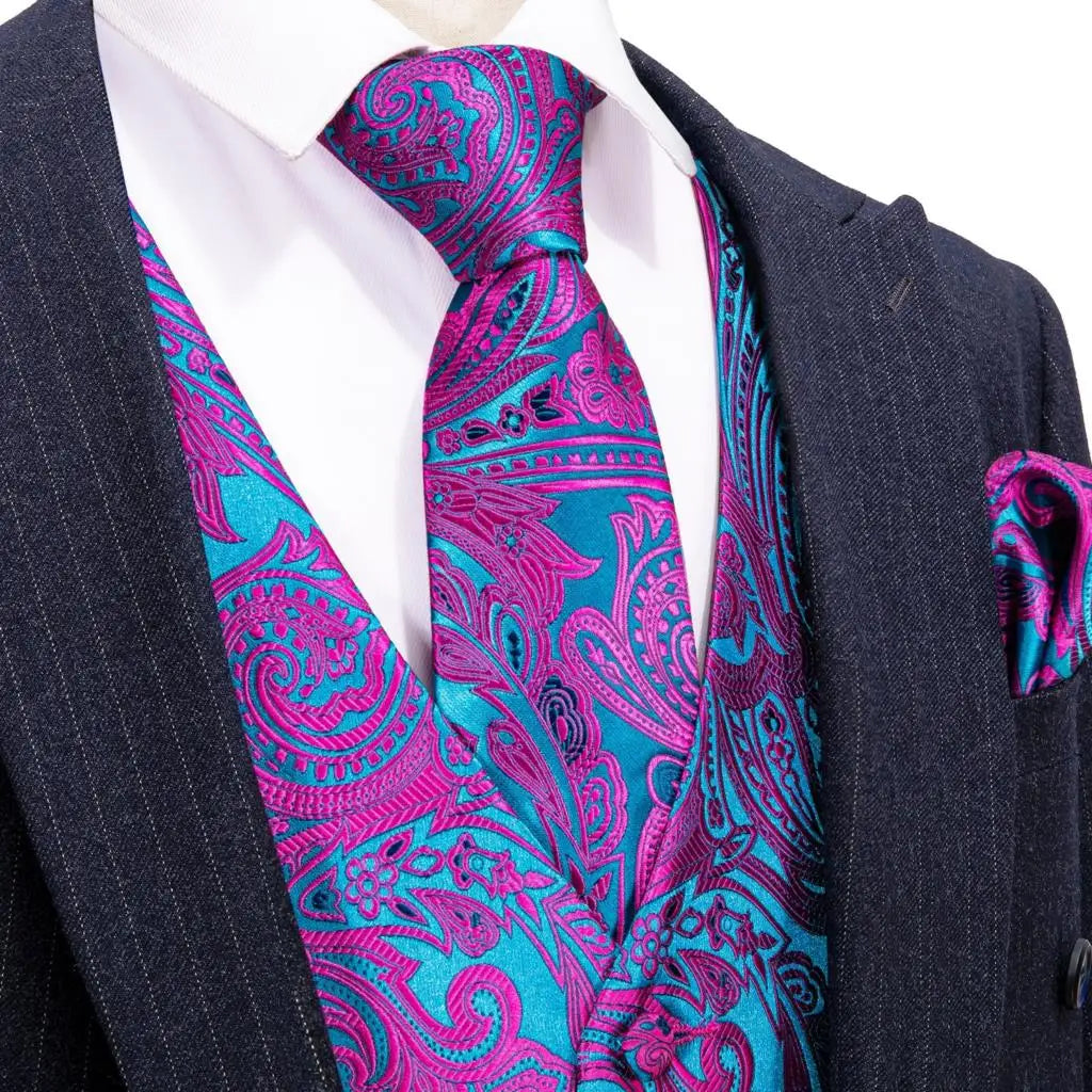Designer Vest for Men Purple Embroidered Silk Waistcoat Tie Pocket Square Set Wedding Formal Male Suit Party Barry Wang