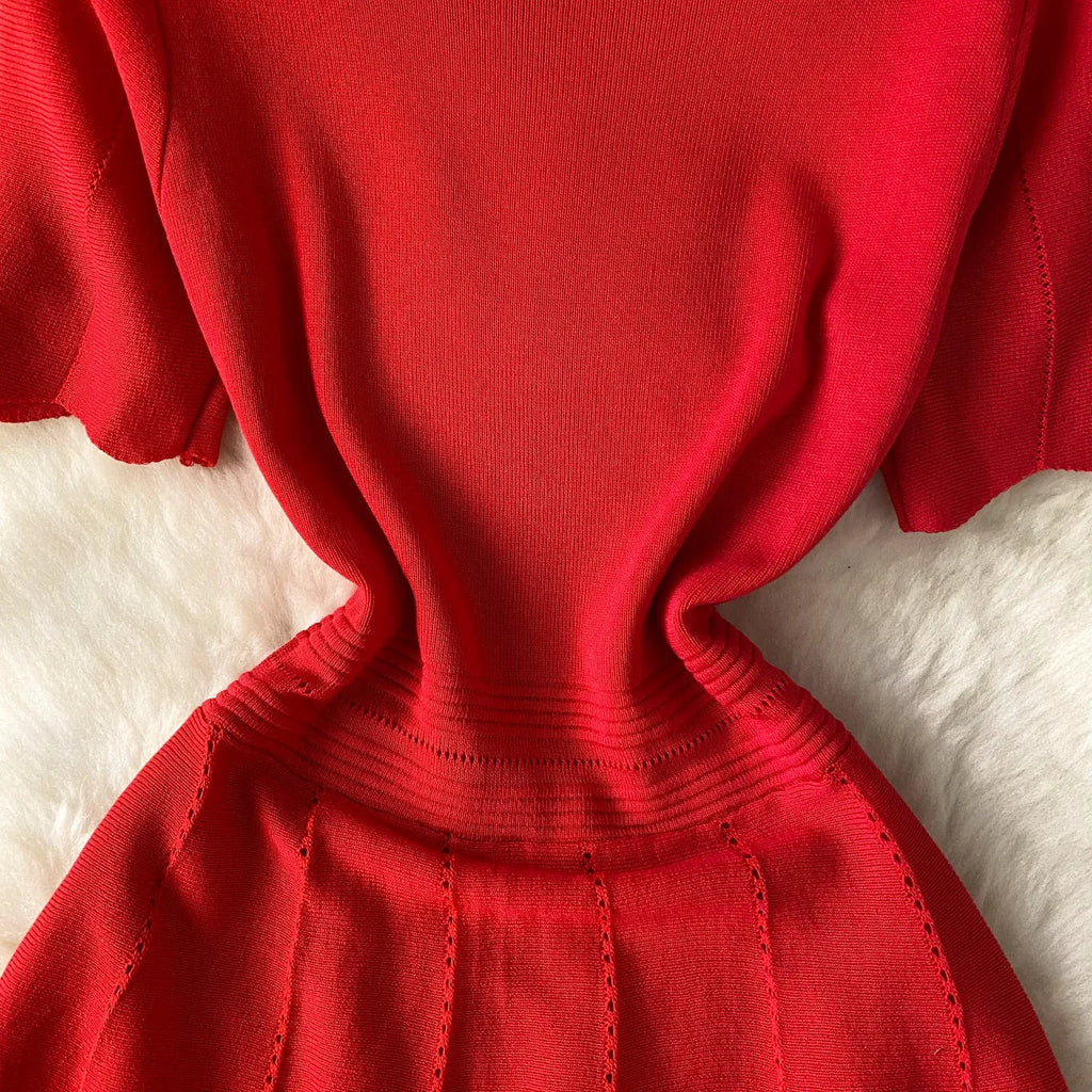 Red Senior Solid Knitting Dress Ladies O-Neck Short Sleeve Hollow Out Design Elastic Knitted Fashion Basic A-Line Dress