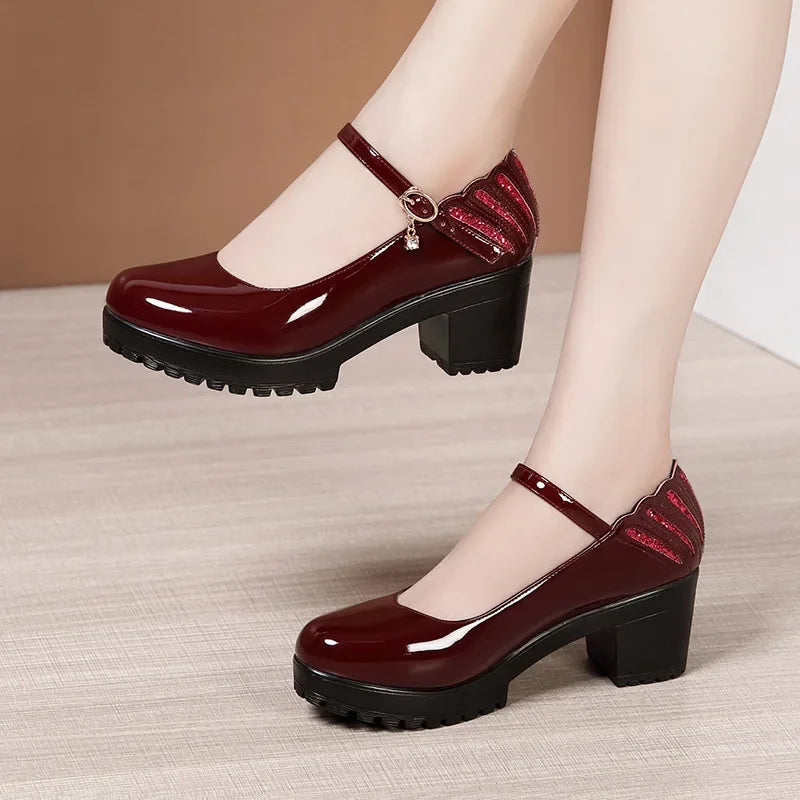 6 8 10cm Small Size 32-43 Shallow Patent Leather Shoes Women Mary Janes 2025 Fall Block Heels Shoes Platform Pumps Office Mom
