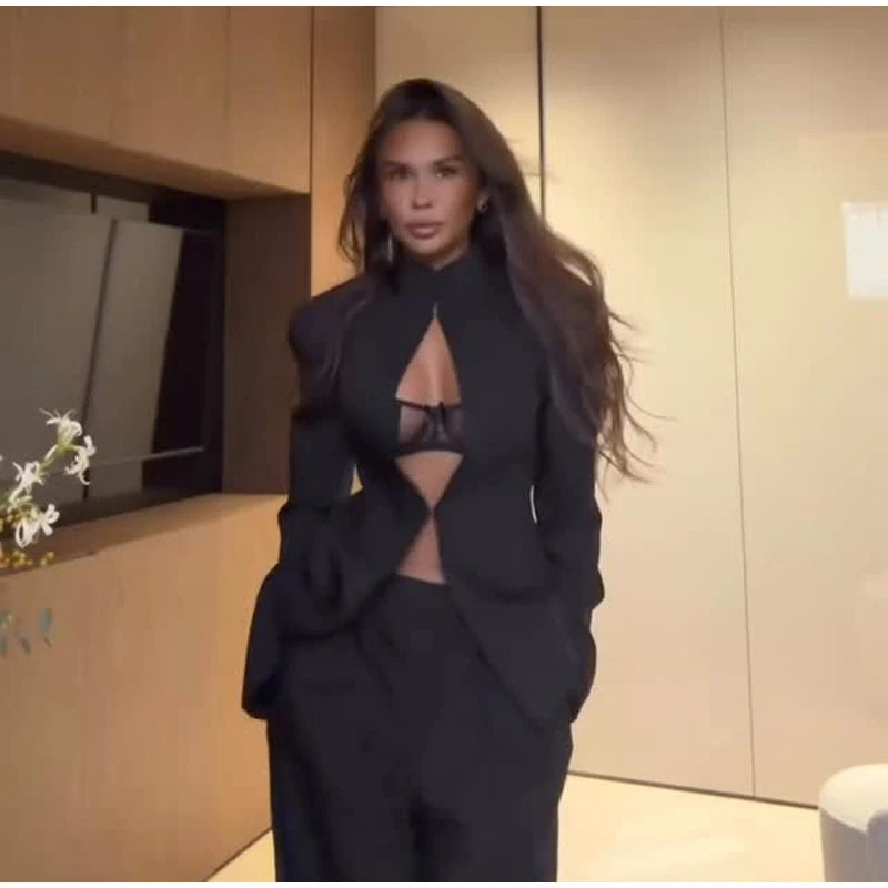 Sexy Black Hollow Blazer Dress Women Elegant Full Sleeve Shoulder Pads Cinched-waist Mini Dress 2026 Lady Evening Party Wear New