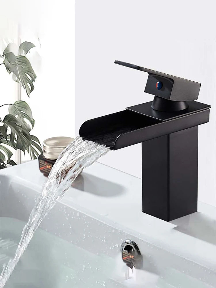 Basin Faucet Brushed Chrome Waterfall Faucet Stainless Steel Bathroom Black Washbasin Faucet Hot and Cold Mixer Tap Table Faucet