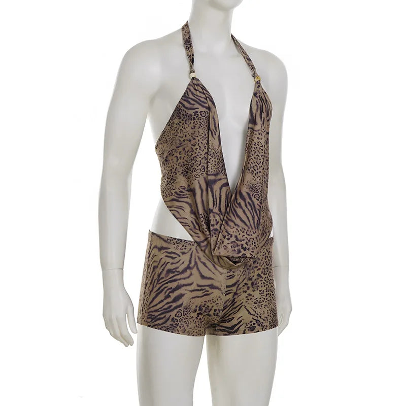 FAGADOER Sexy Leopard Print Two Piece Outfits Woman Halter Deep V-neck Backless Crop Top and Shorts Matching Female Streetwear