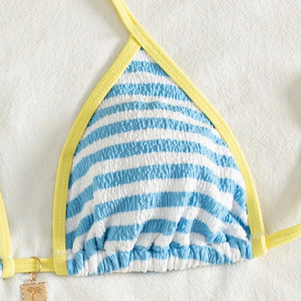 Women 3 Piece Striped Bikini Set Halter Triangle Top High Cut Thong Drawstring Shorts Summer Beach Swimwear Bathing Suit