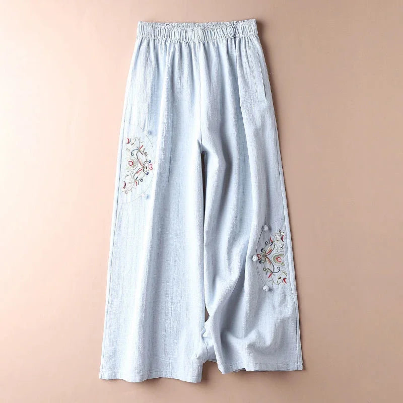 Women's Fashion New Loose Wide Leg Pants Simple Casual Solid Color Splicing Embroidered Elastic Waist Slim Thin Straight Pant
