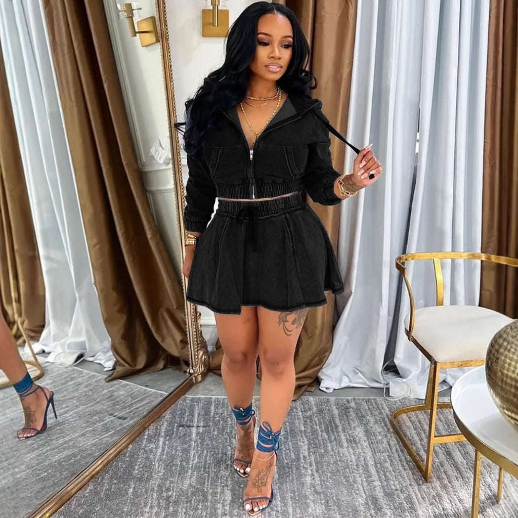Women's Casual Skirt Set Autumn and Winter New Women's Washed Denim Jacket Short Skirt 2-piece Set