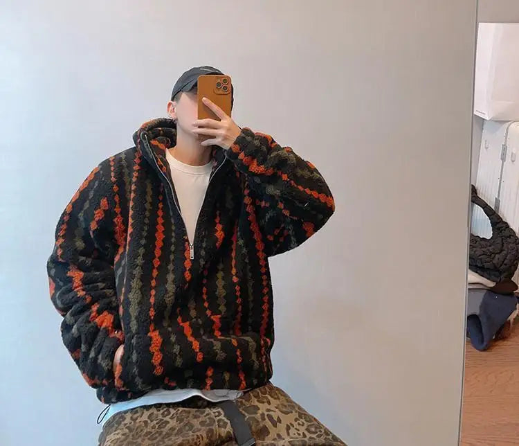 Retro Vertical Striped Autumn Winter Oversized Hooded Overcoat Men's Warm Velvet Loose Casual Half-zip Jackets Male Clothes