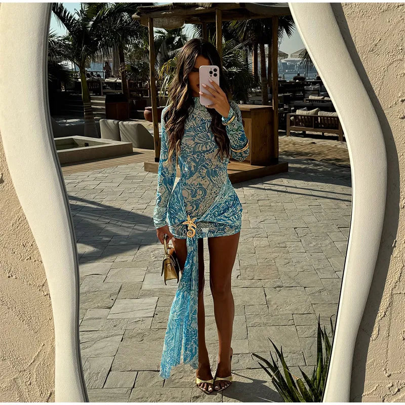 Women Blue Print Mesh Short Dresses Chic Sexy Summer Long Sleeve See-through Bandage Starfish Holiday Beach Dress Streetwear Hot