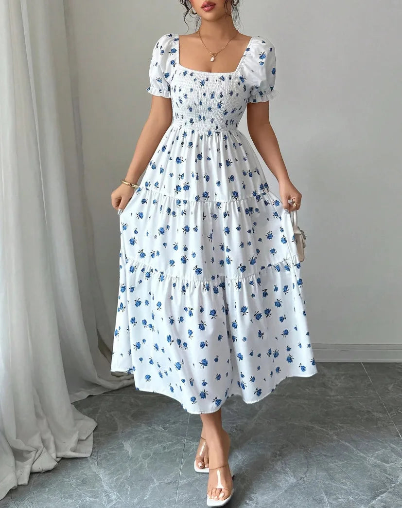 Spring and Autumn Women's Square Neck Short Sleeve Long Skirt Fresh Printed Casual Fashion Slight Backless Temperament Dress